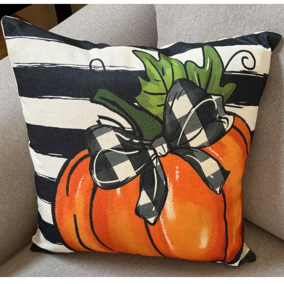 Throw Pillow Covers Orange Pumpkin Cottage Farmhouse Thanksgiving Fall Decor 18" - Picture 4 of 10
